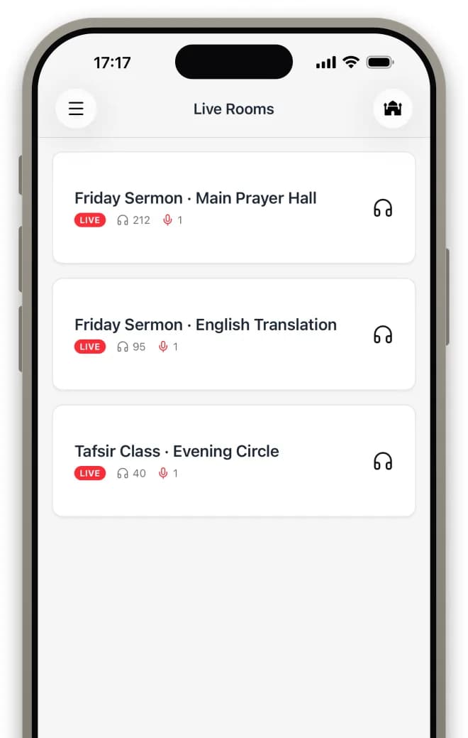 Liste der Live-Räume in der moschee.io-App: Freitagspredigt aus dem Hauptgebetsraum, Freitagspredigt mit englischer Übersetzung und ein Tafsir-Unterricht.