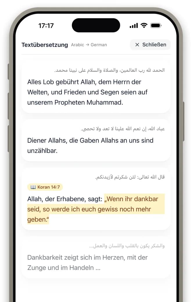 Was Zuhörer sehen: die Khutba live ins Deutsche übersetzt, Satz für Satz unter dem arabischen Original, in der moschee.io-App.