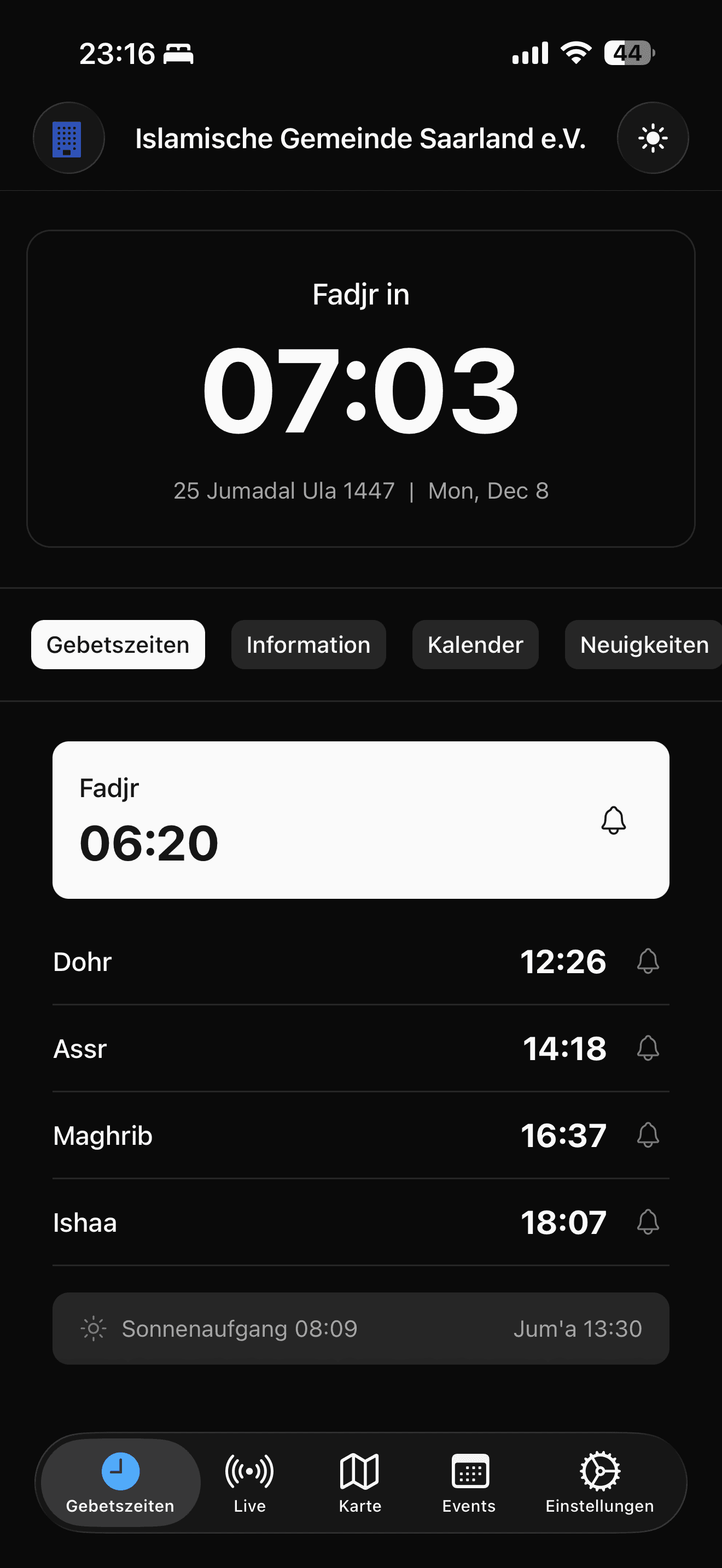 Moschee App Oberfläche