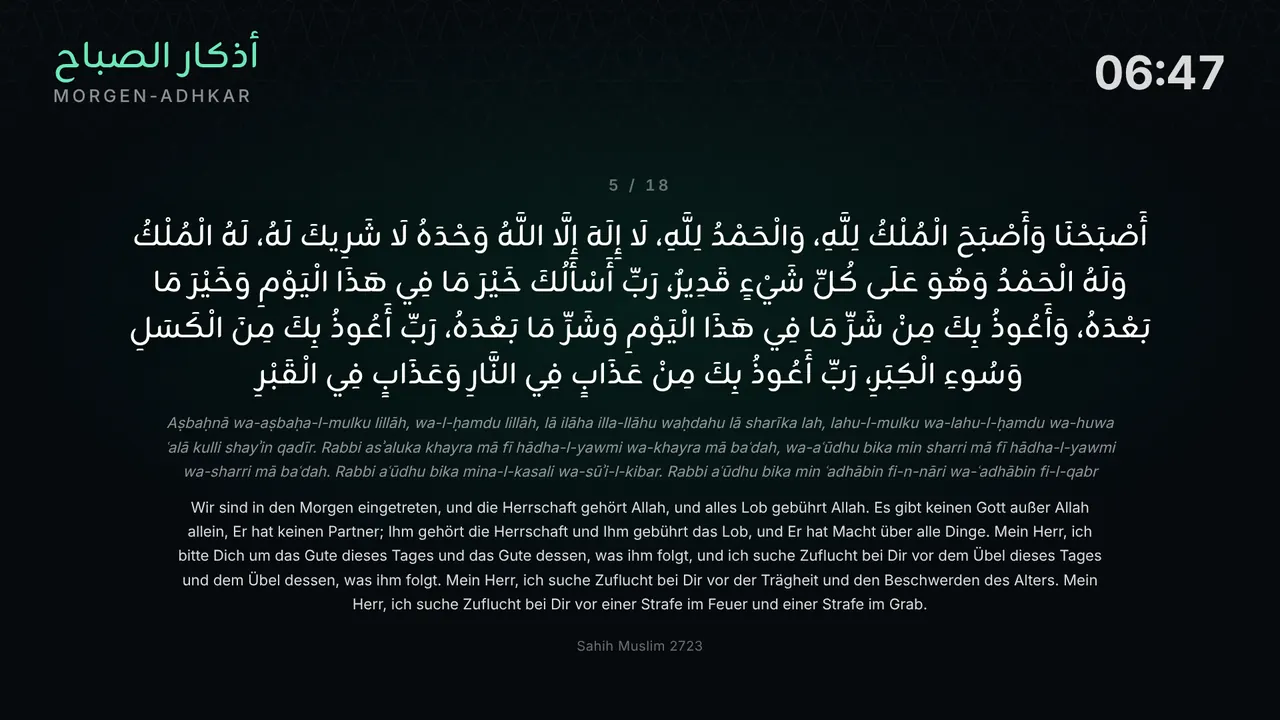 Moschee-Bildschirm um 06:47 Uhr: Morgen-Adhkar